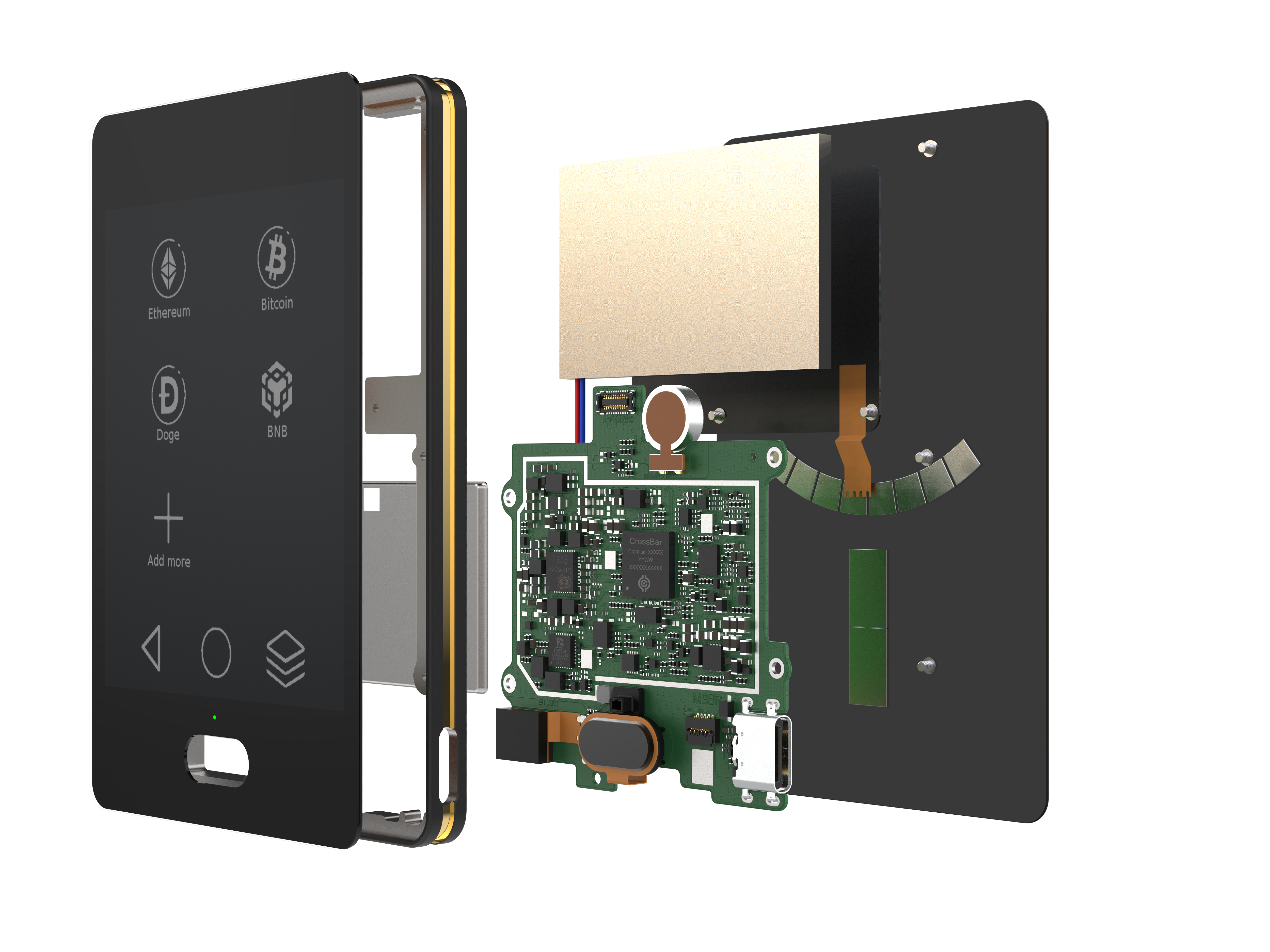 Exploded crypto wallet diagram showing secure chip, secure element, and enclosure layers